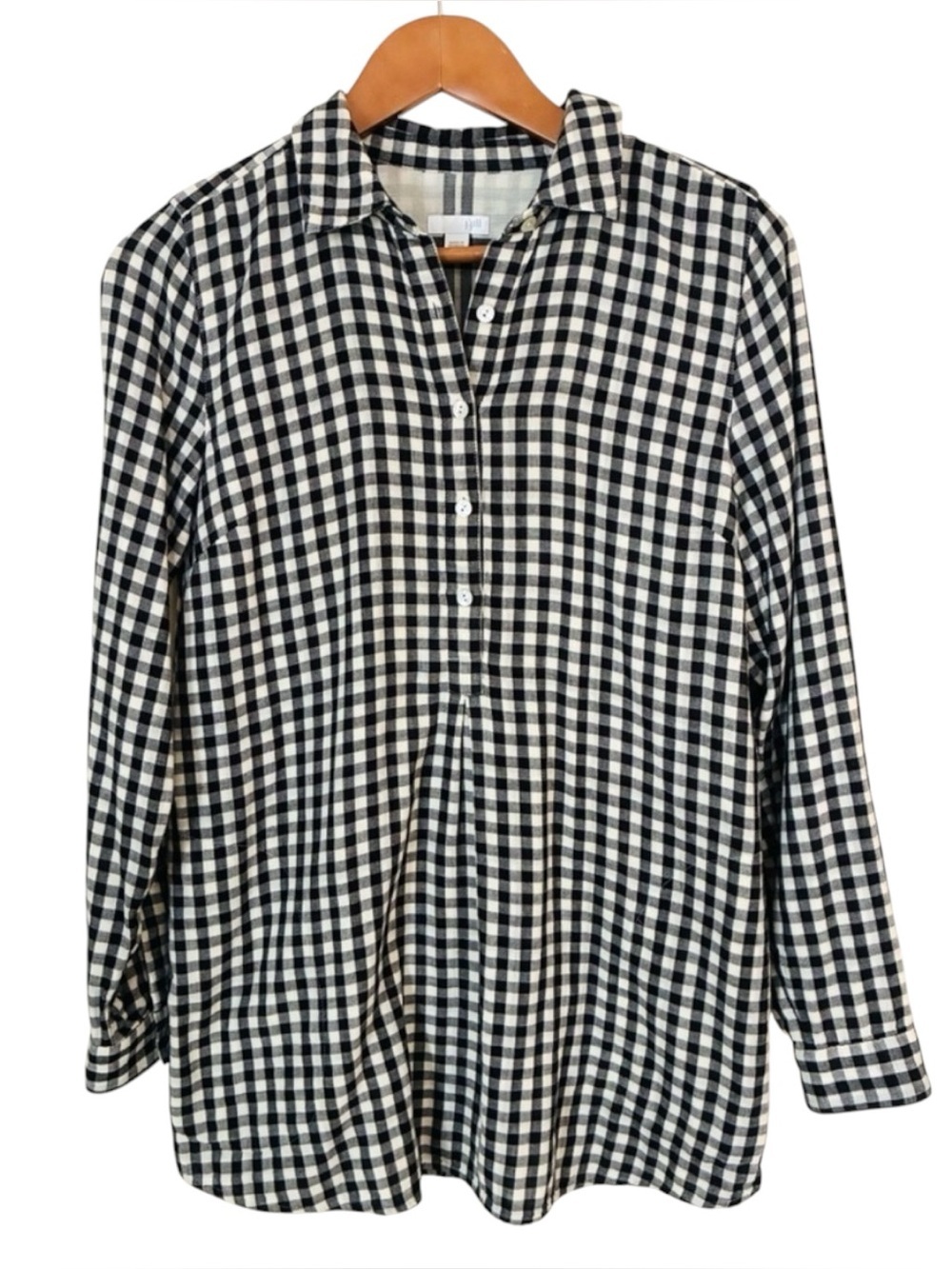 J. Jill Black XS Cream Oversized Flannel Plaid Tunic Popover Top Blouse Pockets